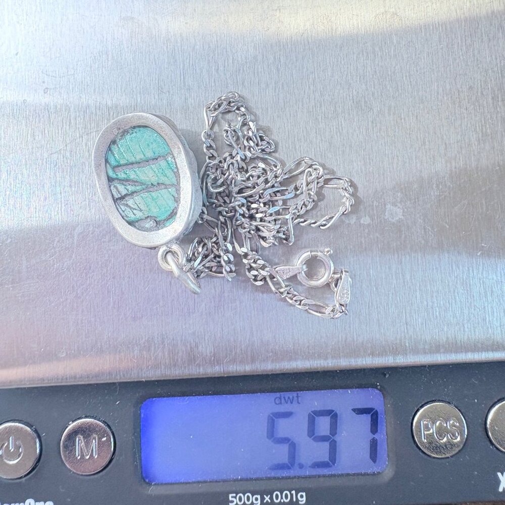 Turquoise Carved Scarab Pendant Necklace Sterling Silver 925 Size 15.5" Length - Picture 14 of 16